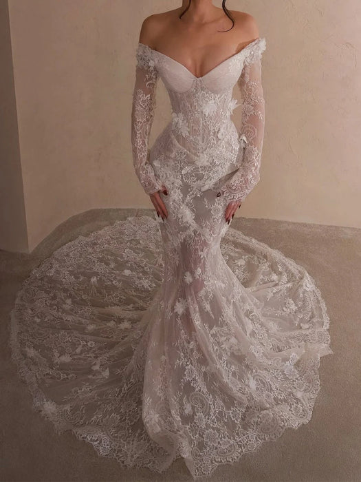 Off-the-Shoulder Lace Mermaid Wedding Dress with Long Sleeves