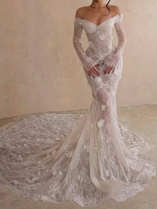 Off-the-Shoulder Lace Mermaid Wedding Dress with Long Sleeves