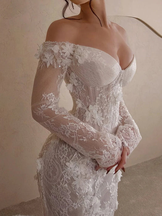 Off-the-Shoulder Lace Mermaid Wedding Dress with Long Sleeves