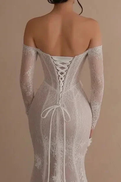 Off-the-Shoulder Lace Mermaid Wedding Dress with Long Sleeves