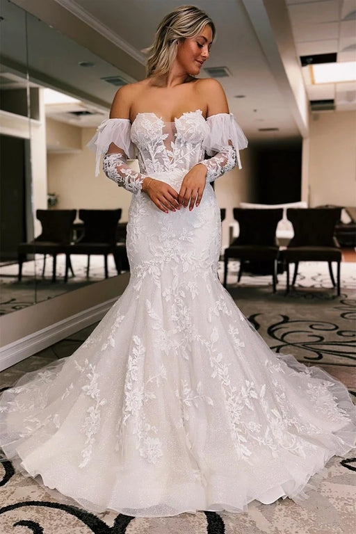 Off-the-Shoulder Tulle Mermaid Wedding Dress with Bubble Sleeves