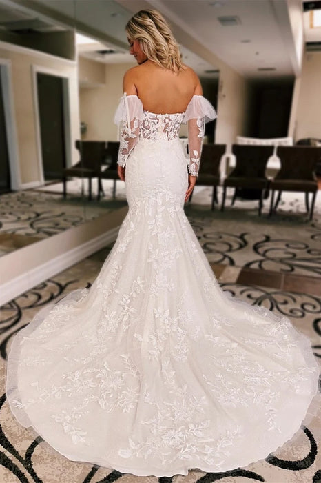 Off-the-Shoulder Tulle Mermaid Wedding Dress with Bubble Sleeves
