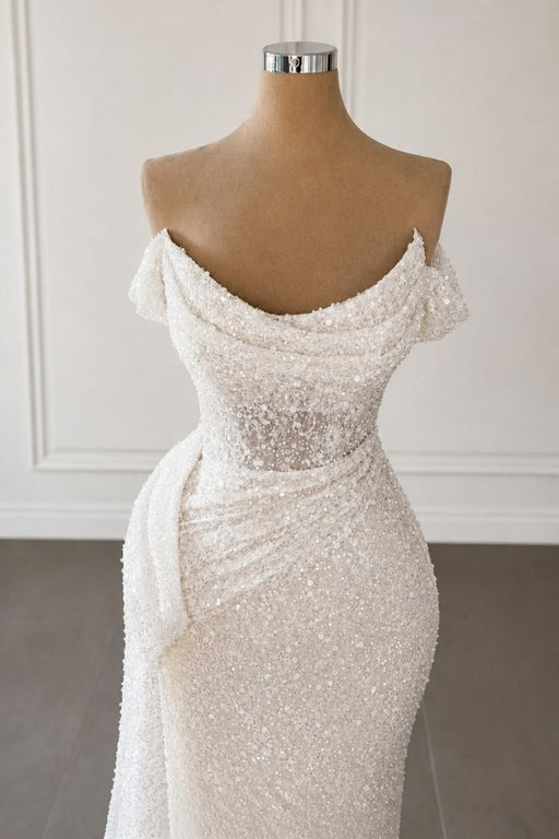 Off-the-Shoulder Sequins Mermaid Wedding Dress with Train