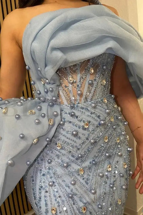 One-Shoulder Sequins Long Mermaid Prom Dress with Chapel Train