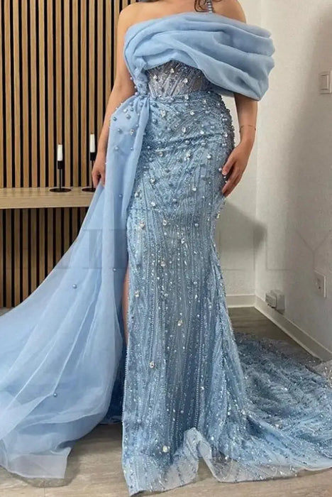One-Shoulder Sequins Long Mermaid Prom Dress with Chapel Train