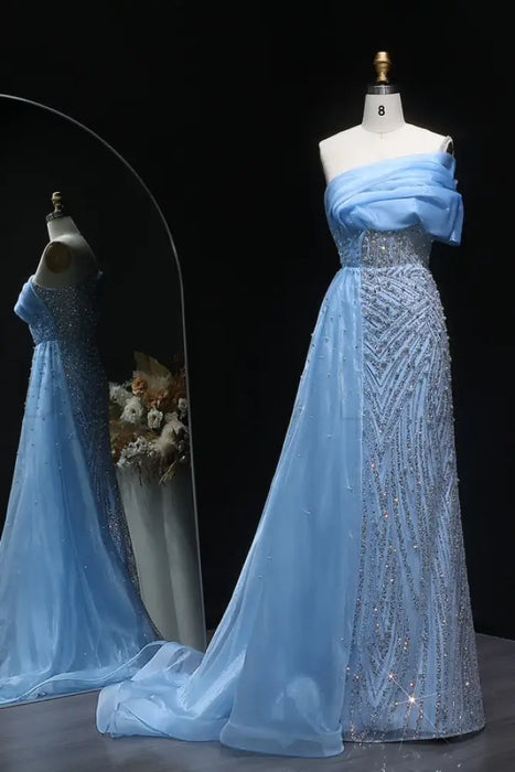 One-Shoulder Sequins Long Mermaid Prom Dress with Chapel Train