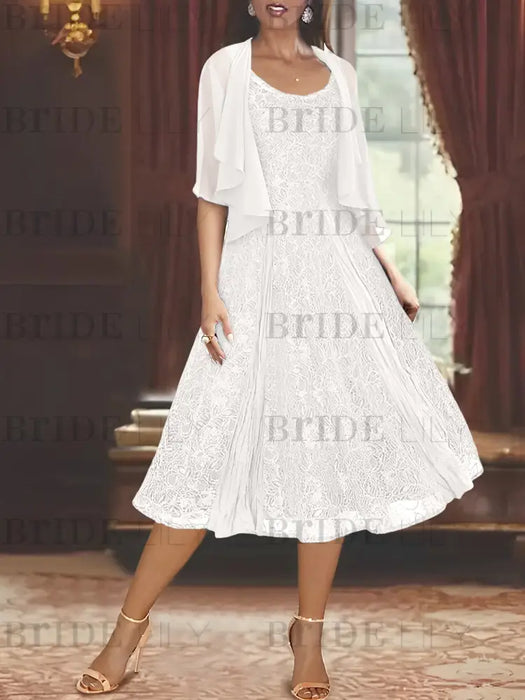 Princess A-Line Tea-Length Mother of the Bride Dress with Scoop Neck Half Sleeves Appliques and Jacket