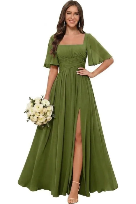 Square Neck Ruffle Sleeve Chiffon Bridesmaid Dress with Slit