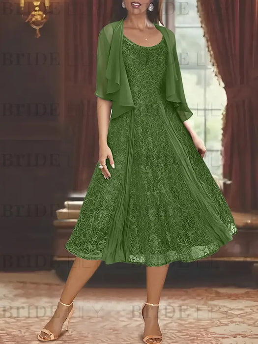 Princess A-Line Tea-Length Mother of the Bride Dress with Scoop Neck Half Sleeves Appliques and Jacket