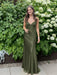 Olive Green V-neck Beaded Satin A Line Prom Dress