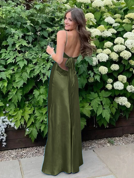 Olive Green V-neck Beaded Satin A Line Prom Dress