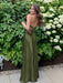 Olive Green V-neck Beaded Satin A Line Prom Dress