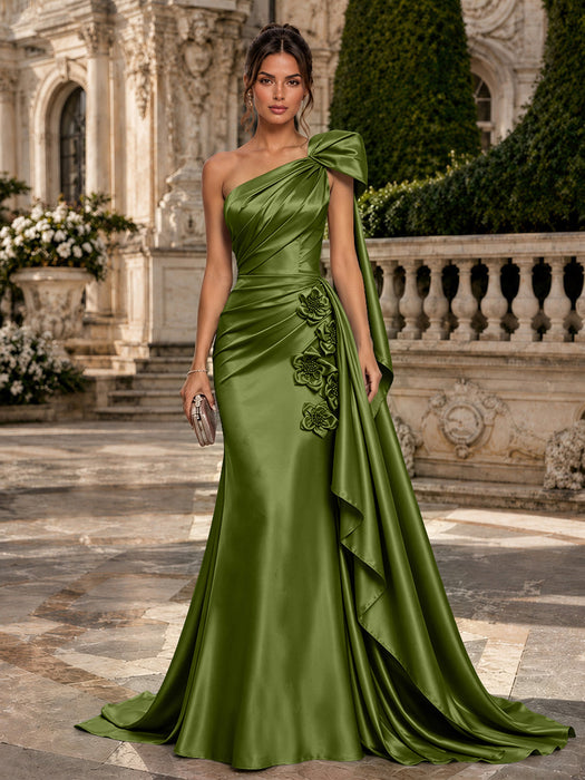 Olive Green One Shoulder Satin Mermaid Evening Dresses with 3D Flowers
