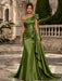 Olive Green One Shoulder Satin Mermaid Evening Dresses with 3D Flowers