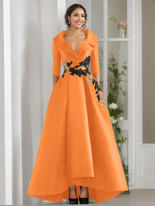 V-Neck A-Line Princess Floor-Length Mother of the Bride Dress with 3/4 Sleeves Appliques and Beading