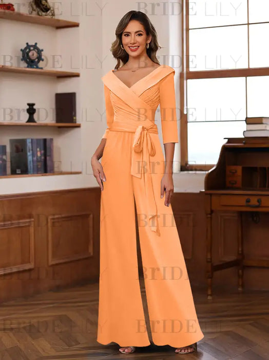 V-Neck Chiffon Jumpsuit with Ruched Detail and 3/4 Sleeves for the Mother