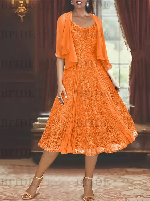 Princess A-Line Tea-Length Mother of the Bride Dress with Scoop Neck Half Sleeves Appliques and Jacket
