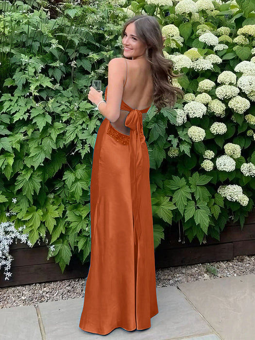 Orange V-neck Beaded Satin A Line Prom Dress