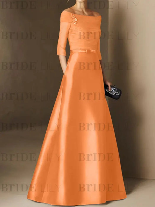 Short-Sleeve Off-the-Shoulder A-Line Mother of the Bride Dress with Belt Applique