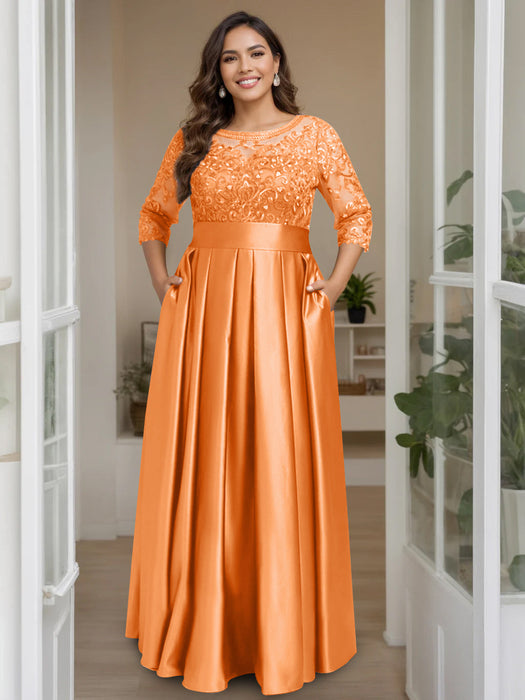 Orange Plus Size Floor-Length Mother of the Bride A-Line Dress with 3/4 Sleeves Scoop Neck Bow & Sequins