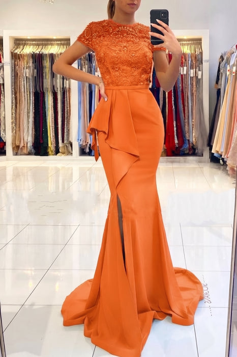 orange Short Sleeve Lace Mermaid Prom Dress with Slit