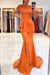 orange Short Sleeve Lace Mermaid Prom Dress with Slit