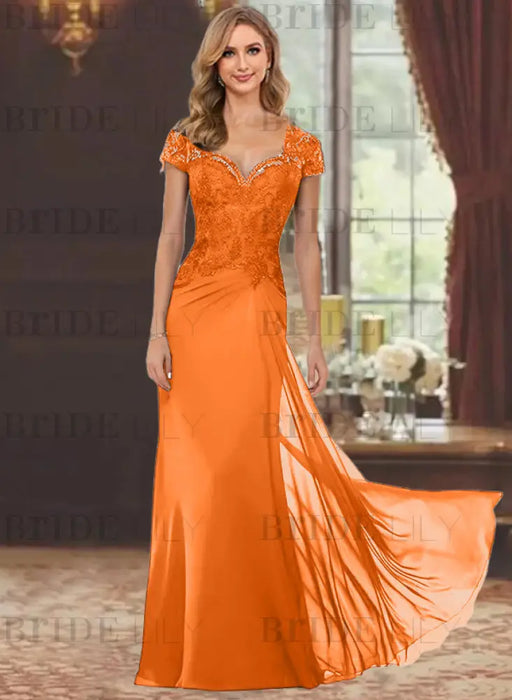 Sweetheart Short-Sleeve Floor-Length Sheath Mother of the Bride Dress with Lace Appliques & Sequins