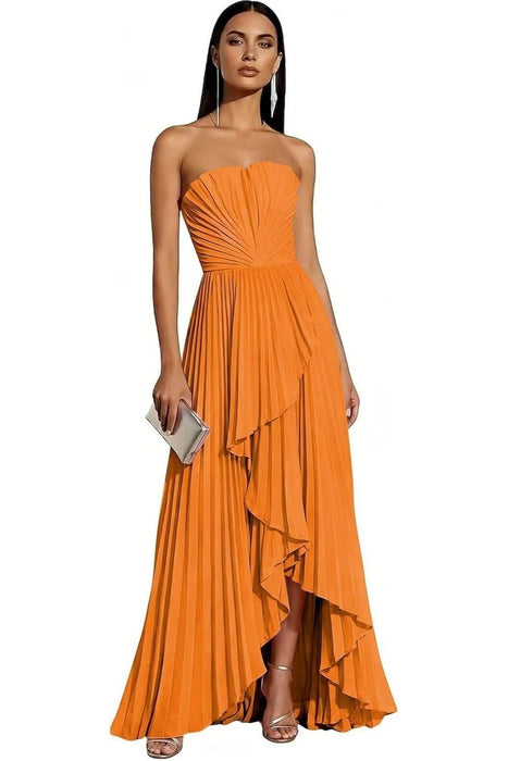 Strapless Pleated Chiffon High-Low Bridesmaid Dress
