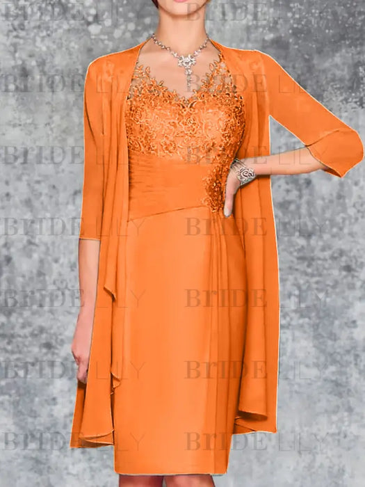 Orange Knee-Length V-Neck Sheath/Column Mother of the Bride Dresses