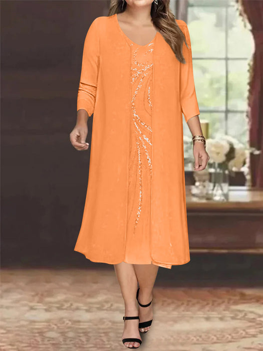 Orange V-Neck Long-Sleeve Tea-Length Plus Size Mother of the Bride Dress with Jacket and Sequins