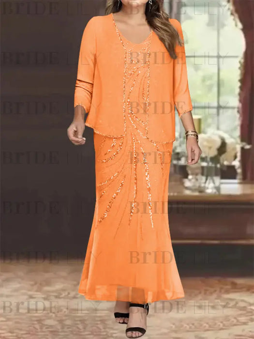 Plus Size V-Neck Ankle-Length Sheath/Column Mother of the Bride Dresses with Sequins & Jacket
