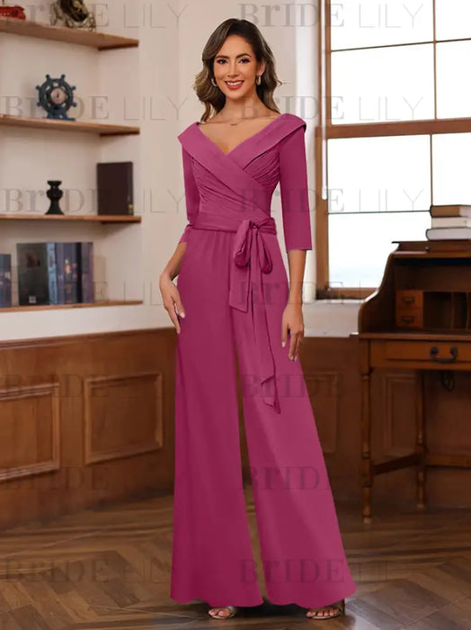 V-Neck Chiffon Jumpsuit with Ruched Detail and 3/4 Sleeves for the Mother