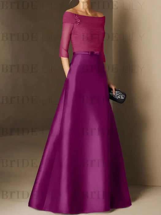 Short-Sleeve Off-the-Shoulder A-Line Mother of the Bride Dress with Belt Applique