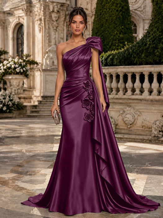 Orchid One Shoulder Satin Mermaid Evening Dresses with 3D Flowers