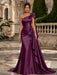 Orchid One Shoulder Satin Mermaid Evening Dresses with 3D Flowers
