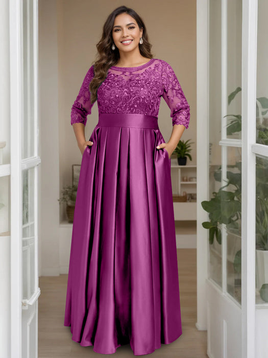 Orchid Plus Size Floor-Length Mother of the Bride A-Line Dress with 3/4 Sleeves Scoop Neck Bow & Sequins