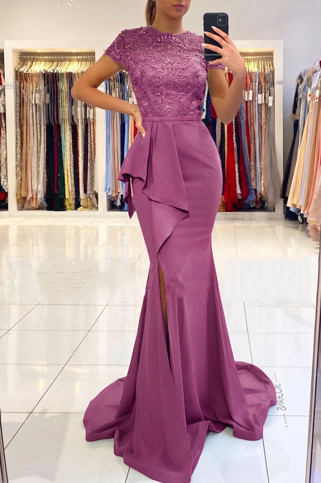 Orchid Short Sleeve Lace Mermaid Prom Dress with Slit