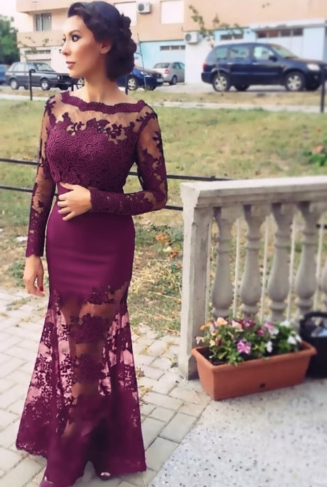 Orchid Trumpet/Mermaid Bateau Long Sleeves Applique Lace Dresses - Prom Dresses