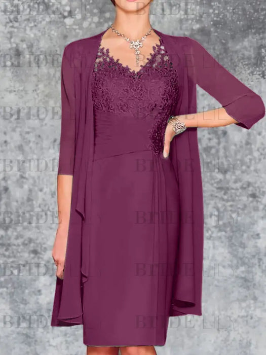 Orchid Knee-Length V-Neck Sheath/Column Mother of the Bride Dresses