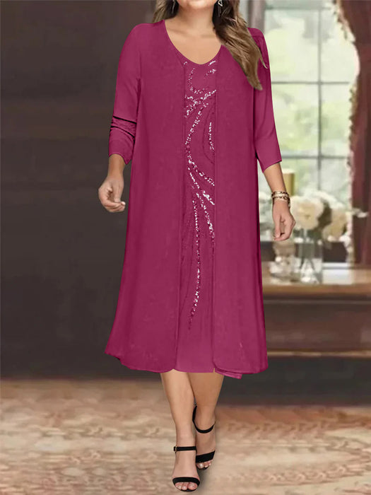 Orchid V-Neck Long-Sleeve Tea-Length Plus Size Mother of the Bride Dress with Jacket and Sequins