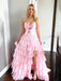 Pink Strapless Tiered Ruffle Chiffon Prom Dress Long with Slit