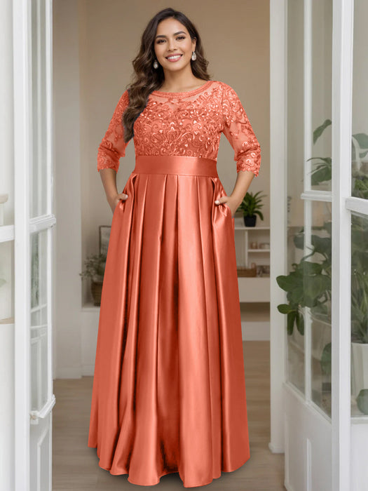 Papaya Plus Size Floor-Length Mother of the Bride A-Line Dress with 3/4 Sleeves Scoop Neck Bow & Sequins