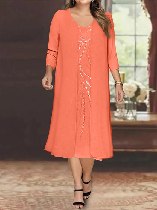 Papaya V-Neck Long-Sleeve Tea-Length Plus Size Mother of the Bride Dress with Jacket and Sequins