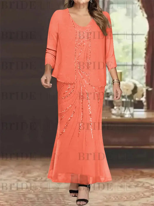 Plus Size V-Neck Ankle-Length Sheath/Column Mother of the Bride Dresses with Sequins & Jacket