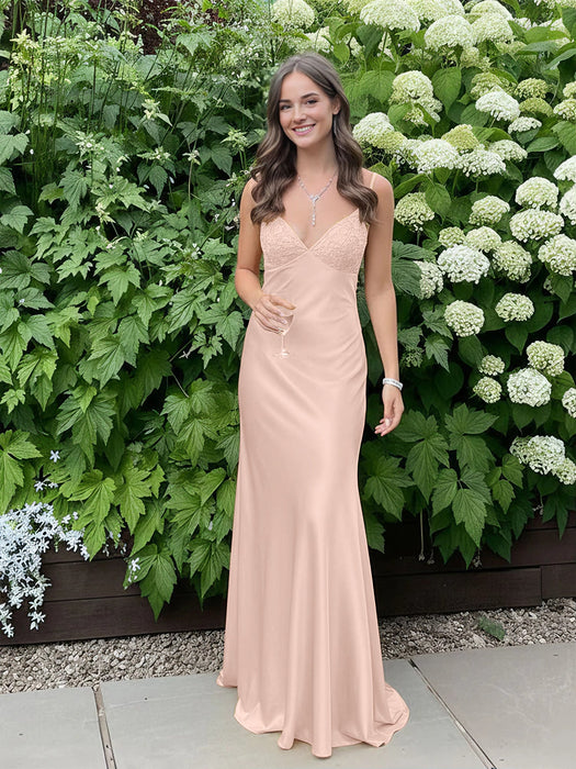 Peach V-neck Beaded Satin A Line Prom Dress