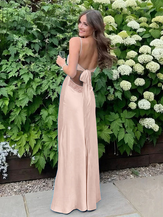 Peach V-neck Beaded Satin A Line Prom Dress
