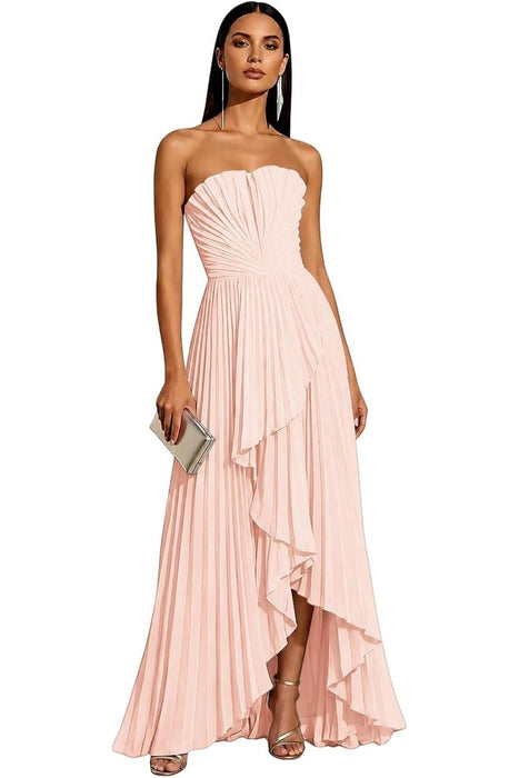 Strapless Pleated Chiffon High-Low Bridesmaid Dress