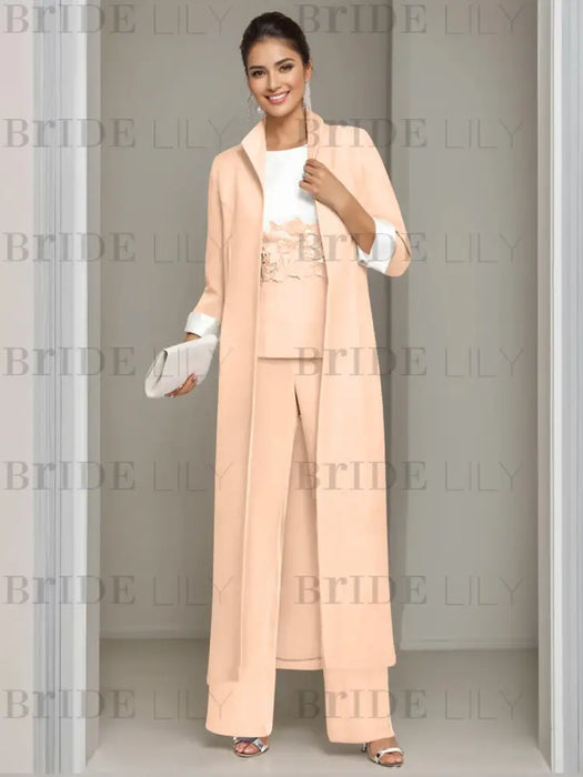 Ankle-Length Mother of the Bride Pantsuits in 3 Pieces Featuring Square Neck Jacket & Lace Appliques