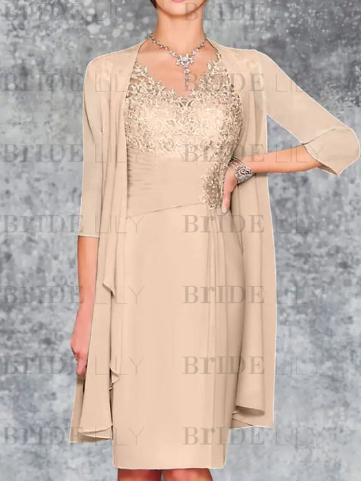 Peach Pink Knee-Length V-Neck Sheath/Column Mother of the Bride Dresses 