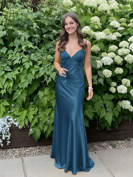 Peacock V-neck Beaded Satin A Line Prom Dress